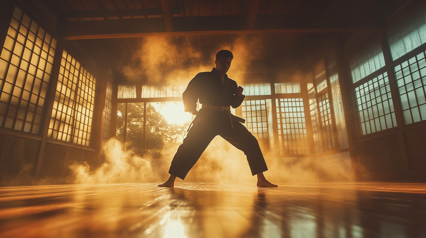 Martial artist in a powerful stance inside a sunlit dojo at golden hour — how to get more martial arts students