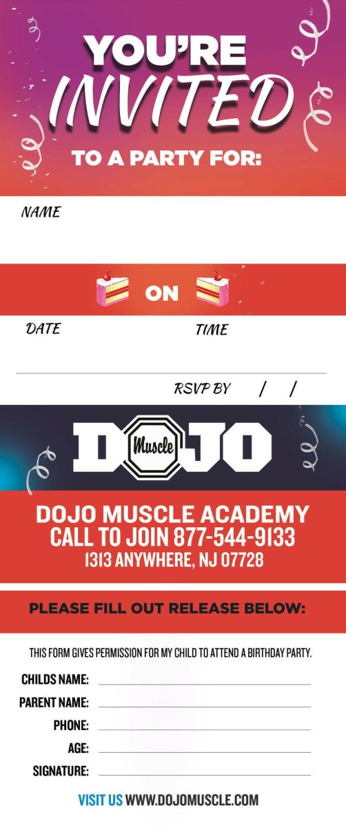 Birthday Invitation Tear Off Cards B - Dojo Muscle