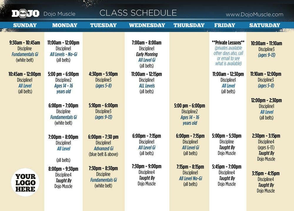 Class Schedules - Jiu Jitsu 1 - Dojo Muscle