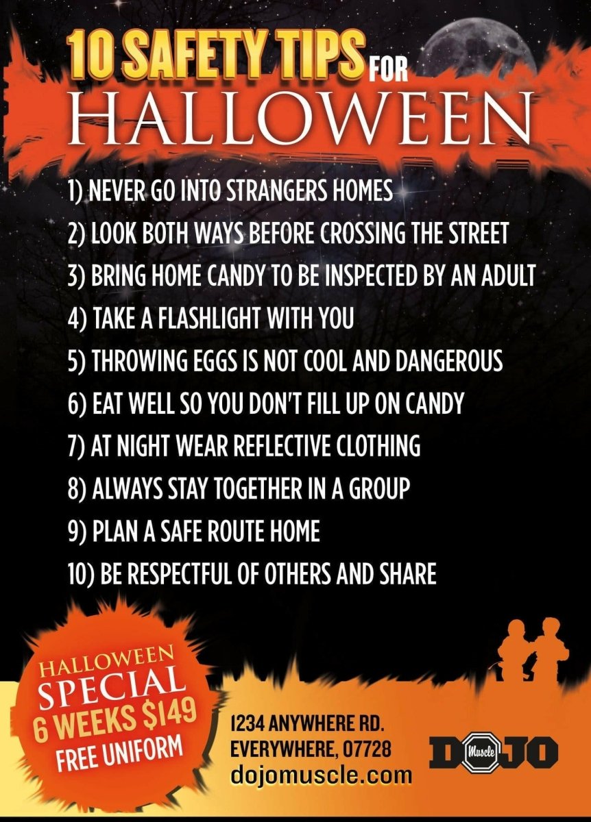 Kick or Treat Safety Tips Halloween Card 2b - Dojo Muscle