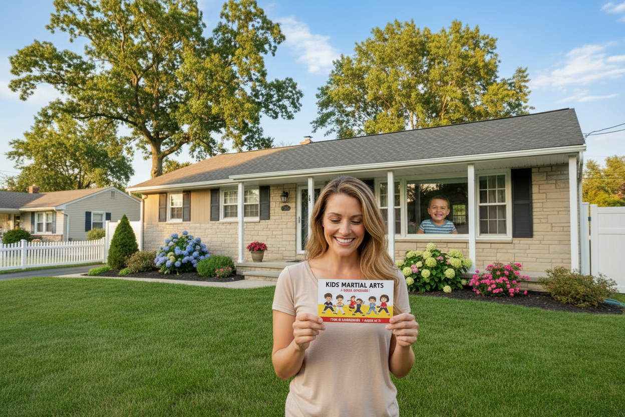 Woman looking at card in front of home
