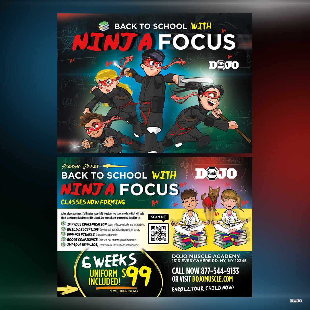 Custom martial arts postcards promoting dojo services by Dojo Muscle