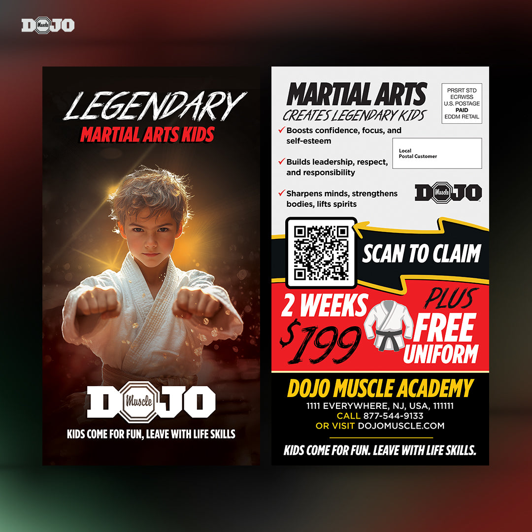 Legendary Martial Arts Kids EDDM postcard featuring a young boy in a white gi punching forward, promoting two weeks of training and a free uniform for martial arts school marketing
