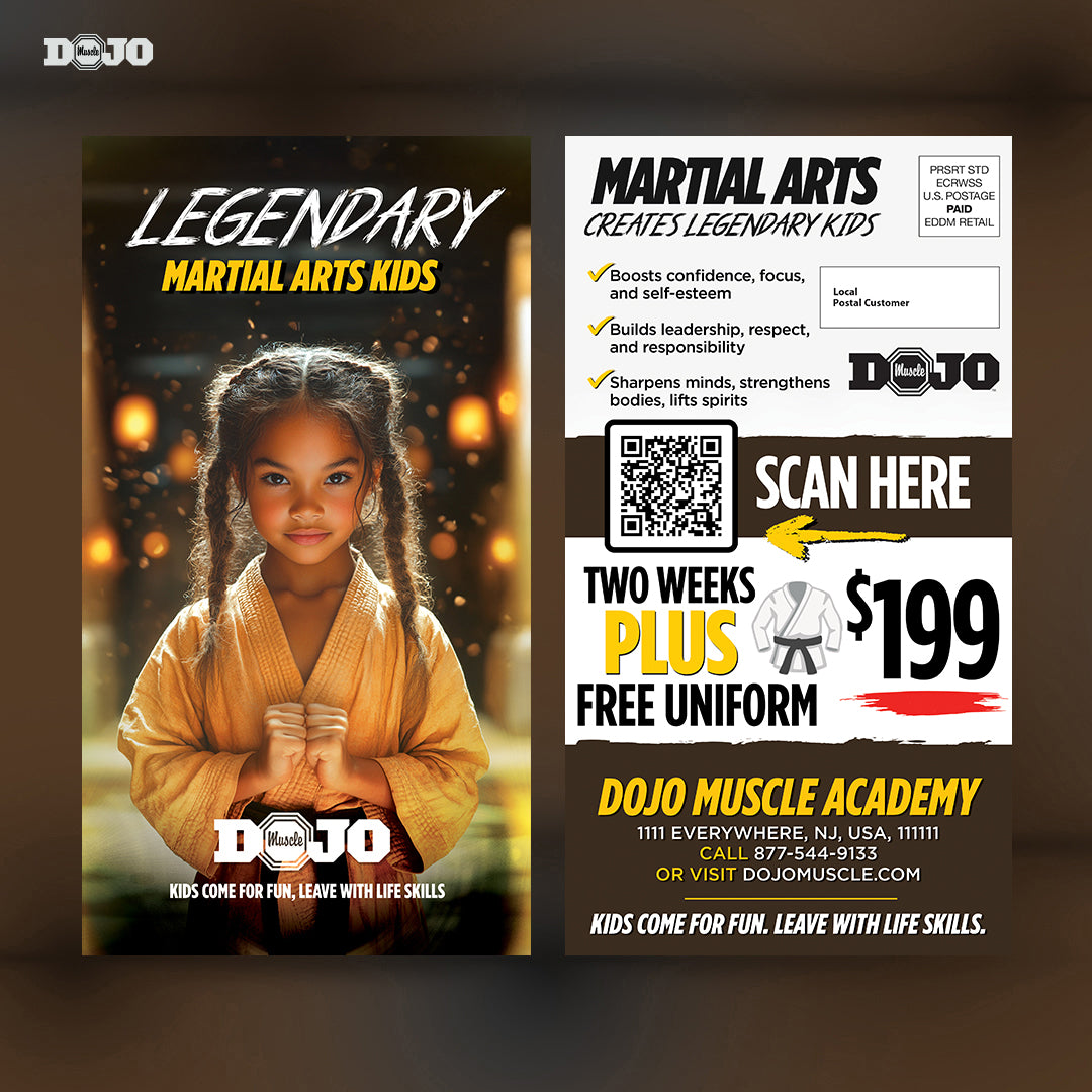 Legendary Martial Arts Kids EDDM postcard featuring a girl in an orange gi, designed for powerful martial arts marketing and effective martial arts print marketing to grow enrollments.