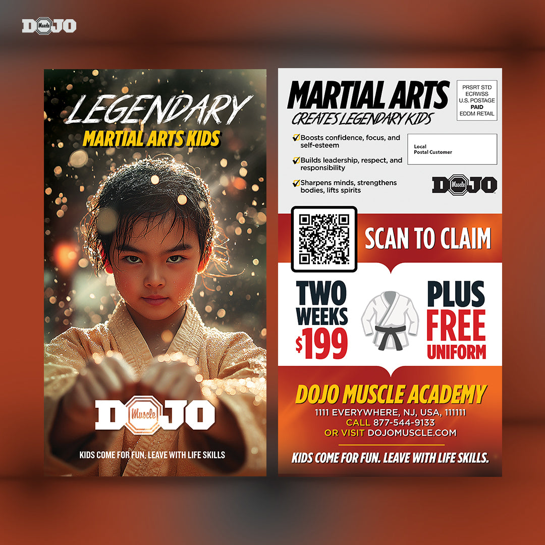 Legendary Martial Arts Kids EDDM postcard featuring a focused young martial artist in a gold gi, designed for effective martial arts marketing and martial arts print marketing to increase enrollment.