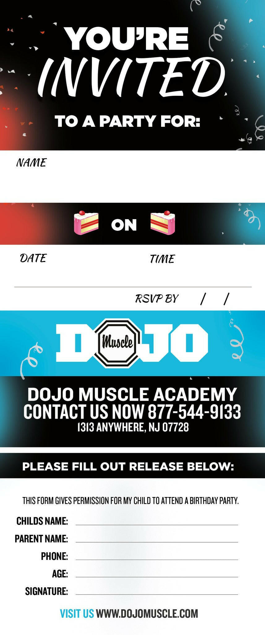 Birthday Invitation Tear Off Cards C - Dojo Muscle