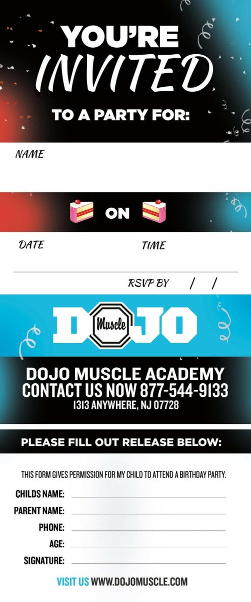 Birthday Invitation Tear Off Cards D - Dojo Muscle