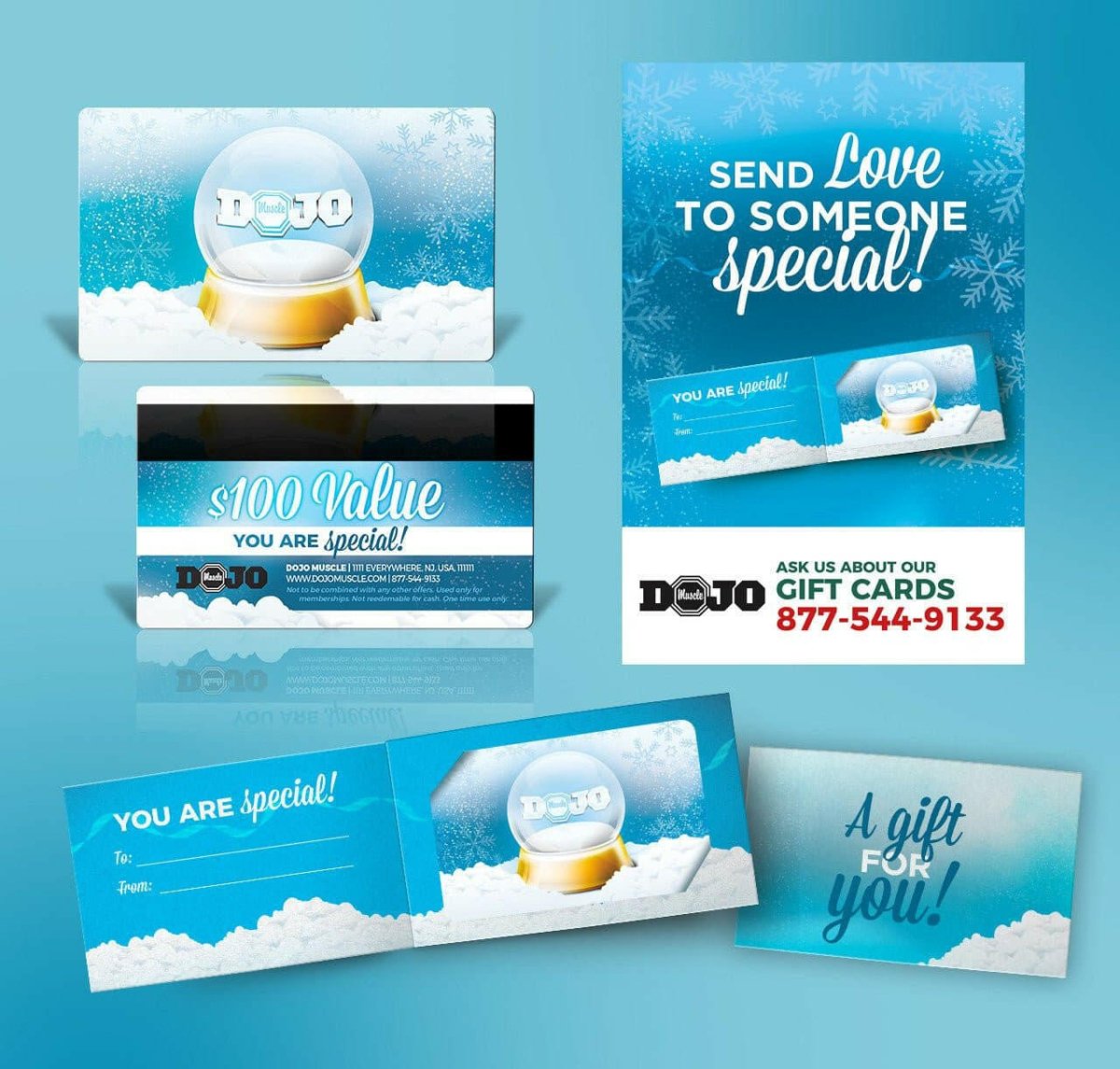 Dojo Muscle Holiday Gift Card - Snow Globe Style Holders and Poster Bundle - Dojo Muscle
