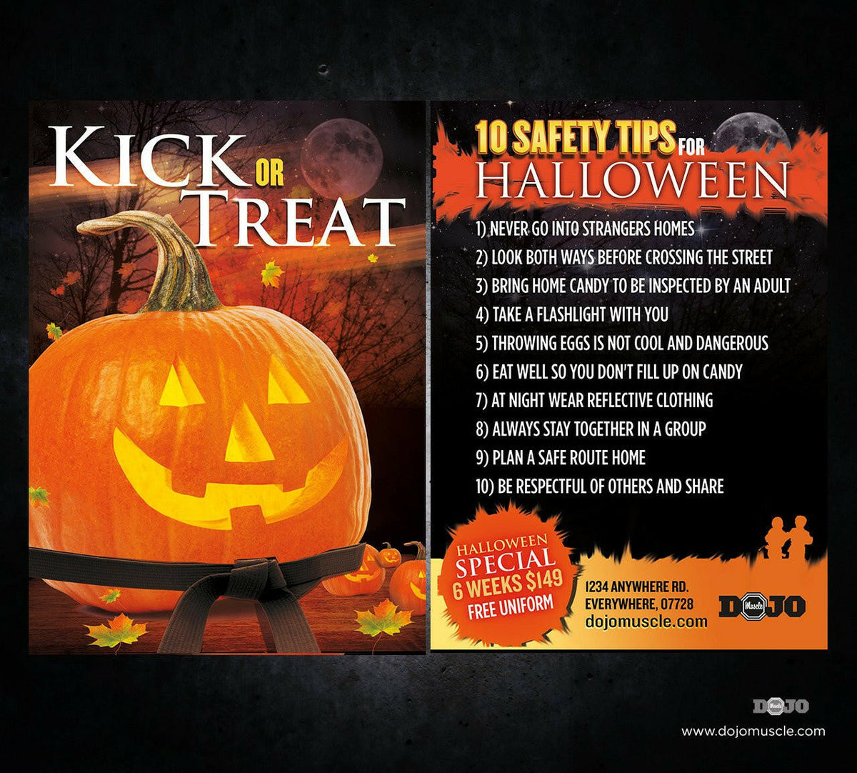 Kick or Treat Safety Tips Halloween Card 2d - Dojo Muscle